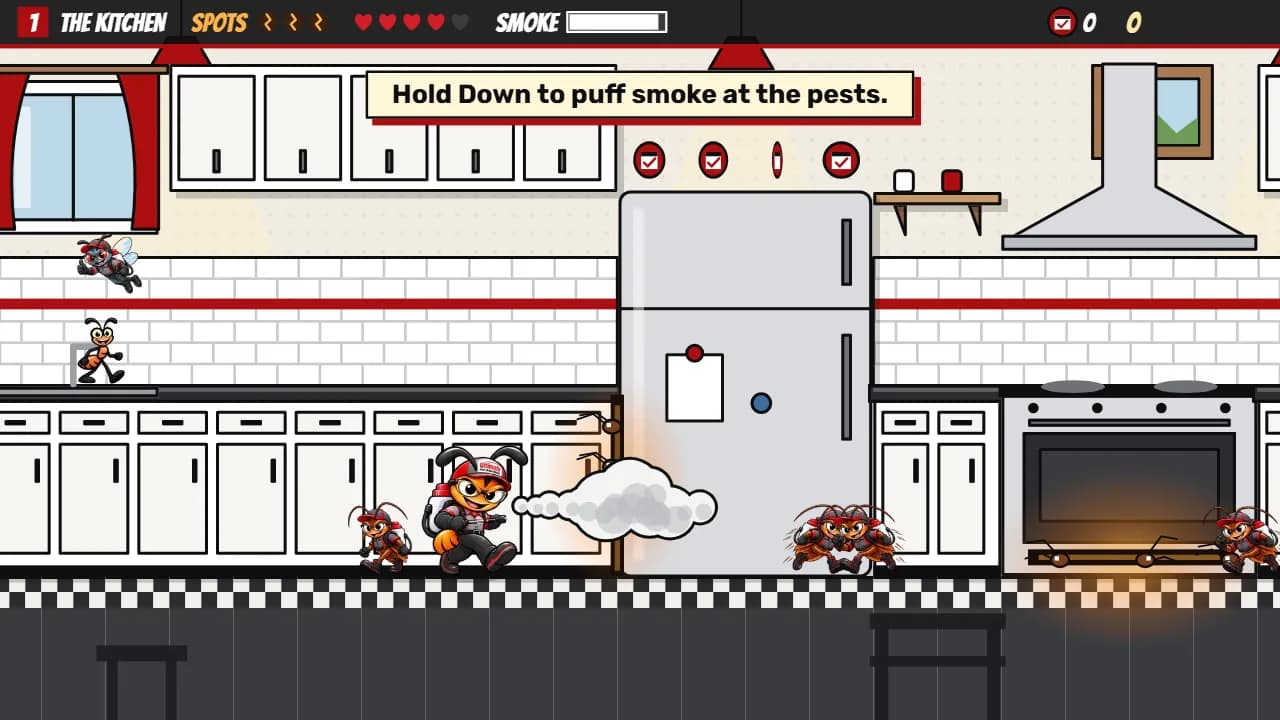 A scene from the game: roaches pour out from behind the refrigerator while the technician puffs smoke from his sprayer in the kitchen.